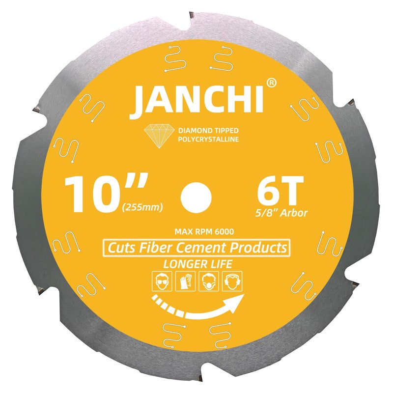 Jianchi 10-Inch 6T PCD Tip Hardie Fiber Cement Saw Blade with 5/8-Inch DMK Arbor, Polycrystalline Diamond Tipped Teeth Saw Blade for Laminate Flooring - Image 1